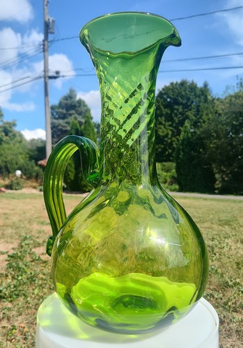 HUGE 16" Tall Vintage Green Optic Blenko Pitcher #7033 Joel Myers MCM Jug - Picture 2 of 13