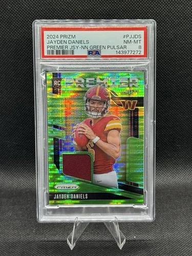 2024 Panini Prizm Premier Jerseys Jayden Daniels #PJ-JDS Neon Green Pulsar PSA 8