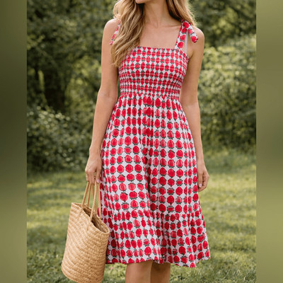 Blutsgeschwister Strawberry Print Organic Cotton Smocked Dress XS NWT