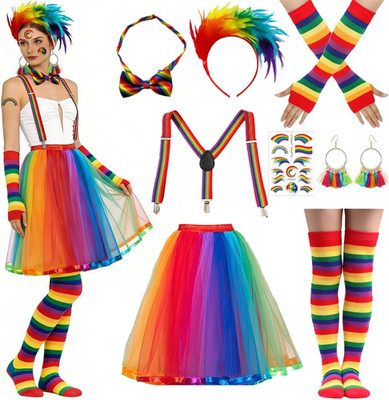 Regenbogen Kostüm Damen 8-tlg. Set mit Tüllrock, Haarreif & Zubehör  