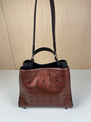 MCM Metallic Copper Bronze Visetos Tote Shopper Bag Black Leather Trim Stud Feet