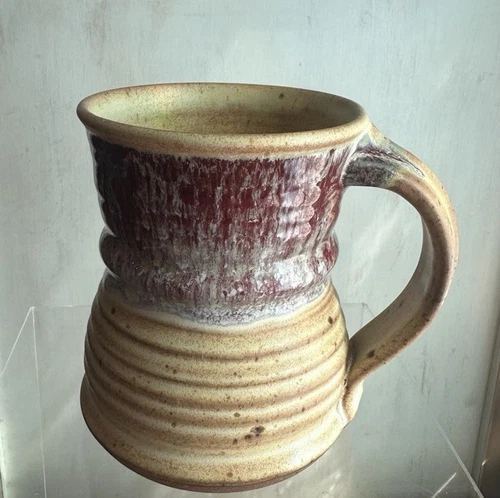 Handmade Studio Pottery Coffee Mug Cup Stoneware Ribbed Rustic Artisan Signed