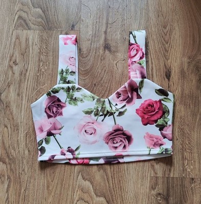 Boohoo Bustier Crop Top 36 weiß Blumen rosa grün Rosen bauchfrei Sommer Festival
