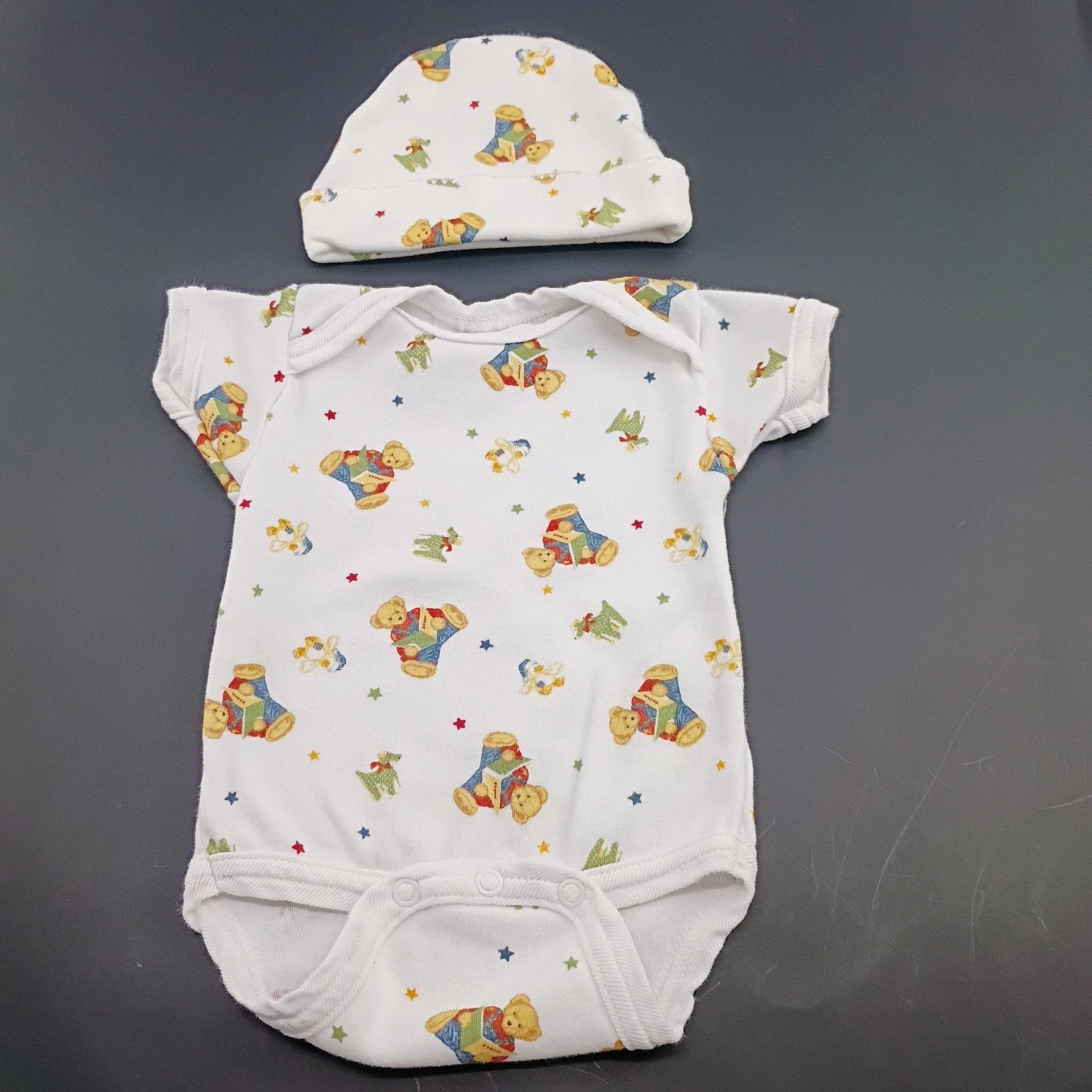 Blue Jean Teddy Infant Baby Romper With Matching Hat Infant Size