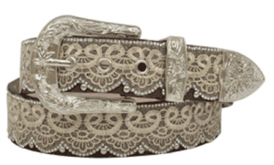 Angel Ranch Brown Leather Belt XXL Silver Floral Lace‎ Rhinestone Western IMG_9378.jpg?v=1677882927 main image 4