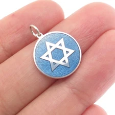 925 Sterling Silver Blue Enamel Star of David Round Tag Minimalist Charm Pendant
