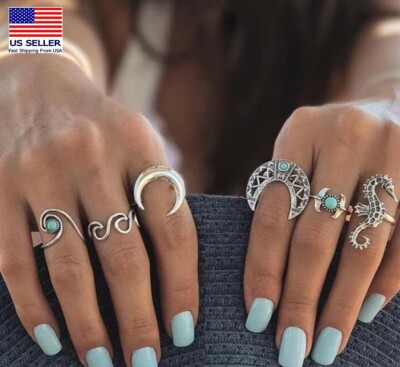 6PC Pop Boho Retro Finger Rings Set Moon Seahorse Turquoise Knuckles Ring 0519