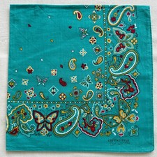 Vintage Bandana Geometric Butterfly  Paisley Handkerchief Turquoise Cotton 19"