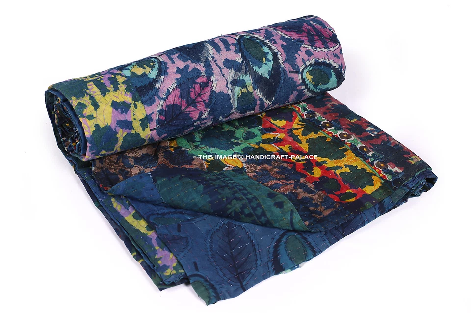 Manta antigua india vintage Sari Kantha bloque a mano estampado floral Foto 3 de 3