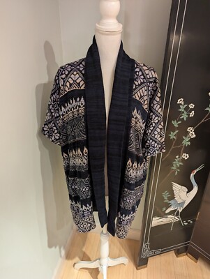 Peruvian Connection Cardigan Women's M/L Blue Tan Fair Isle Cotton Short Sleeve