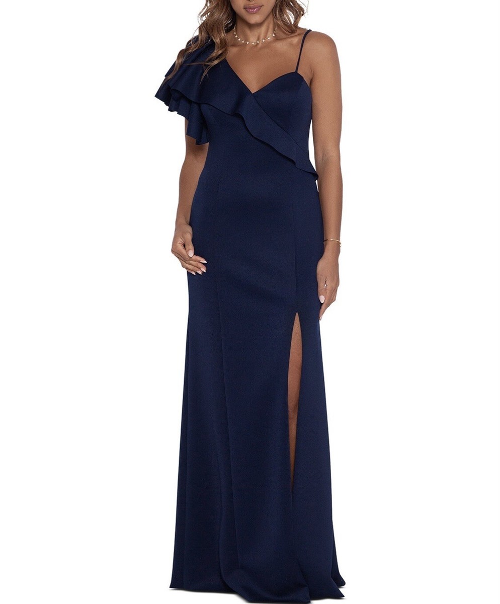 Xscape Women's Blue Asymmetrical Ruffled One- Shoulder Gown Dress Size 14