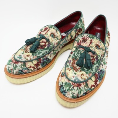 M05-k095 FRATELLI ROSSETTI Design Beaded Canvas Slip-On Tassel Loafers 38
