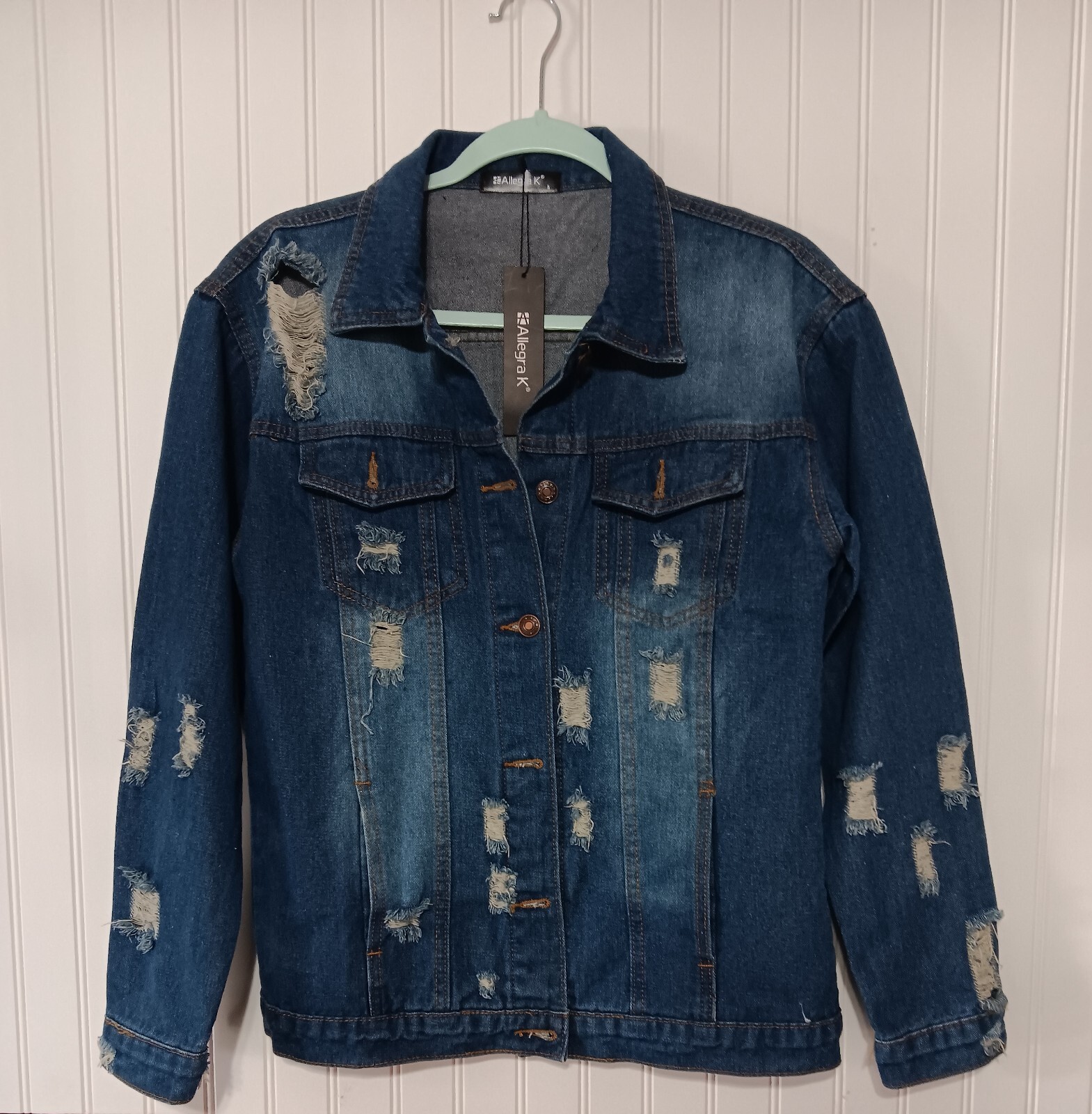 ALLEGRA Women’s Distressed Denim Jacket Size S Worn Look NWT-image