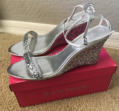 Rampage Annette Silver Glitter Wedge Ankle Strap Heels Size 10M With Box 