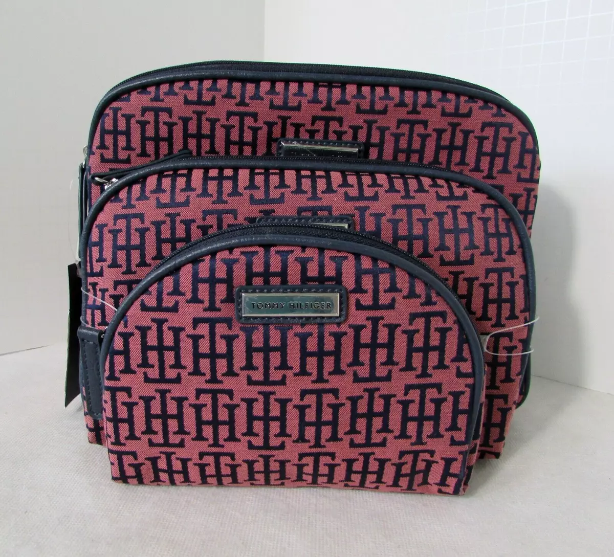 Tommy Hilfiger Cosmetic Bag 3 piece Set Logo Make up Travel Purse Blue Pink NWT