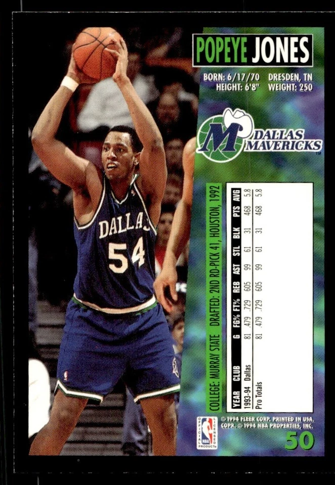1994-95 Fleer Popeye Jones Dallas Mavericks #50 - Image 2 of 2