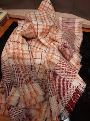 Tischdecke Kariert mit Fransen 154 X 100 cm Neu 80er Jahre DDR Beige-Orange-Rot