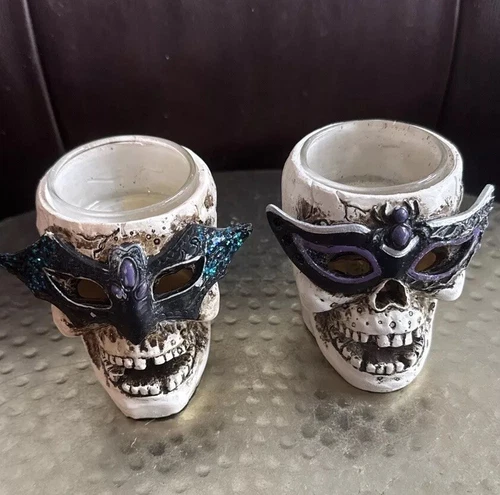 Halloween Mardi Gras SKULL Bat Spider Pr Tealight Candle Holders 2.5” Tall NOTE