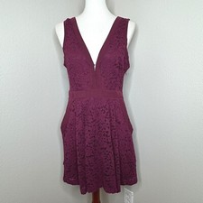 FREE PEOPLE Lovely In Lace Mini Dress MED Dk Red Back Cut Out Romantic Fit Flare