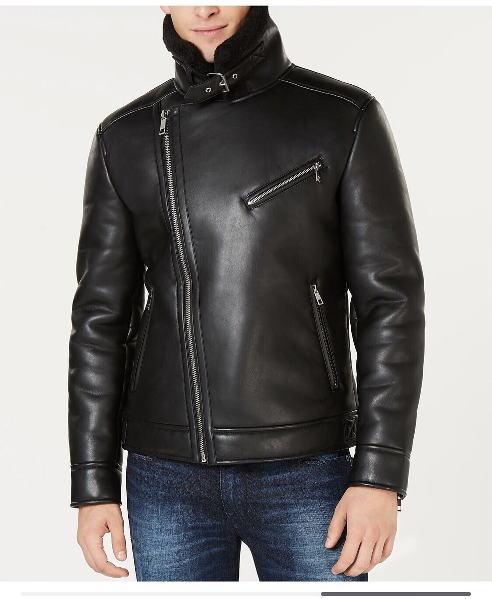 Guess Mens Asymmetrical Black Faux Leather Fur Motorcycle Guess Mens Asymmetrical Black Faux Leather Fur Motorcycle