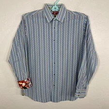 Visconti Black Shirt Mens Medium Blue Flip Cuff Button Up Striped Floral