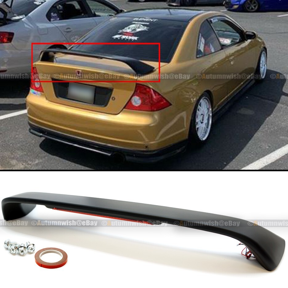 For 0105 Honda Civic 2/4DR Matte Black Trunk Spoiler Wing LED Brake