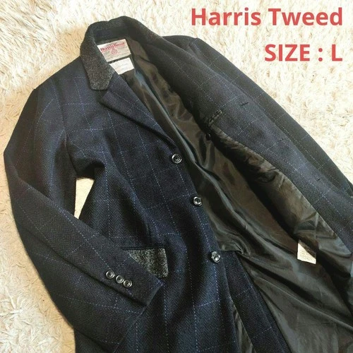 Harris Tweed Chesterfield Coat 100% Wool Navy Plaid Check Men's L Japan video thumbnail