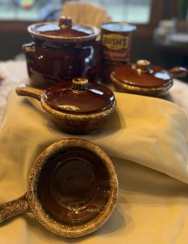 Vintage Hull Brown Drip French Onion Soup Bowls Set Of 3 With 2 Lids Oven Proof