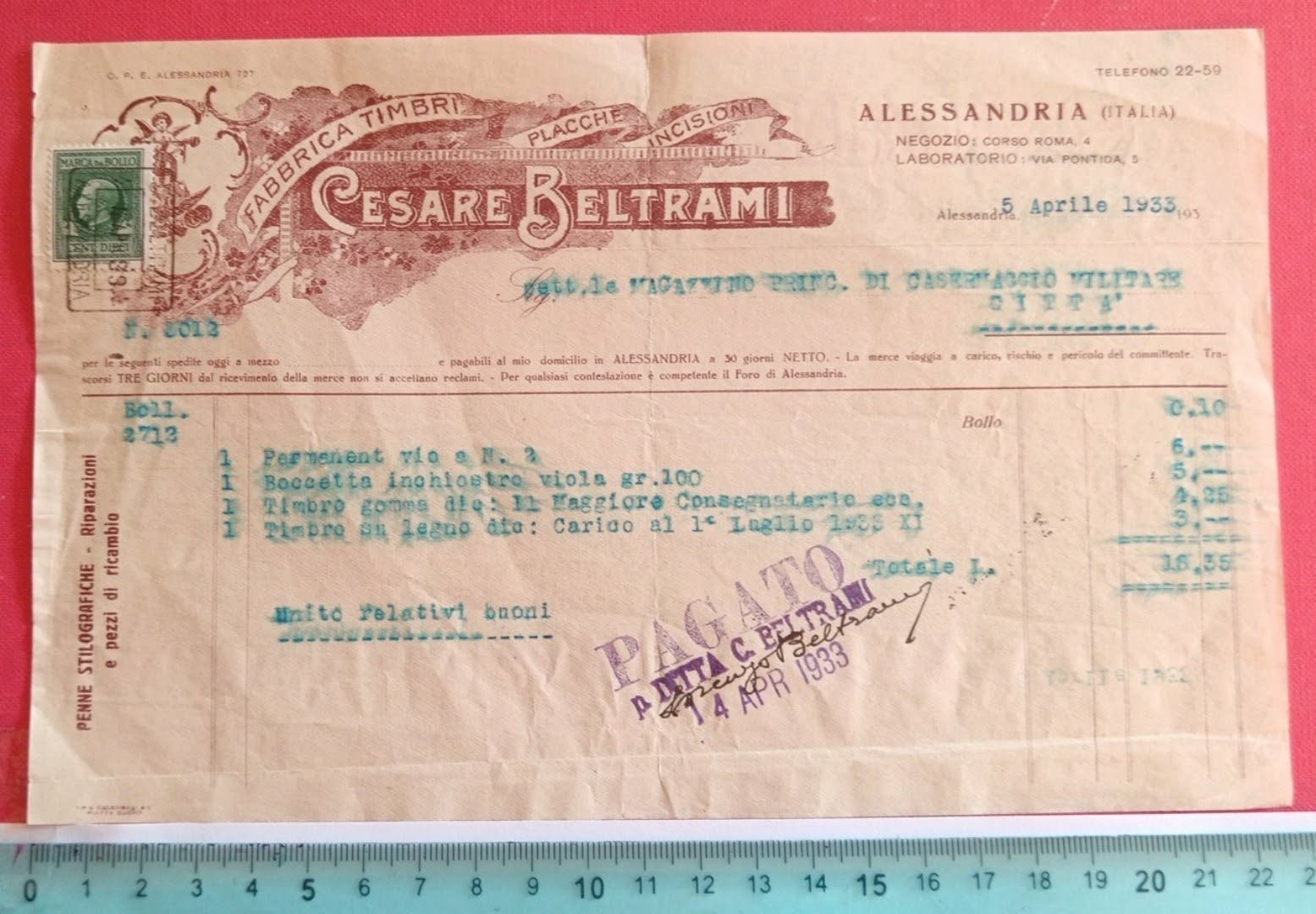 ALESSANDRIA 1933 " CESARE BELTRAMI " FABBRICA TIMBRI _ FATTURA AUTOGRAFA