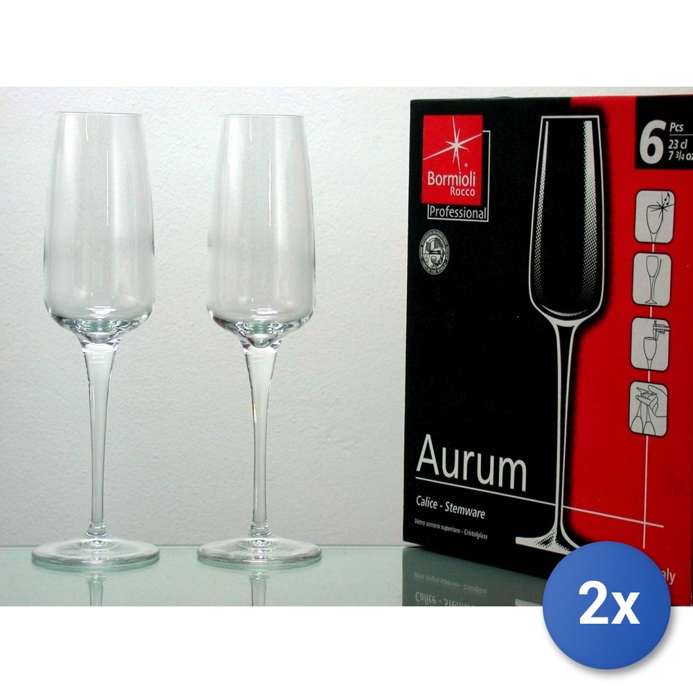 2X Packs 6 Glass Aurum Flute Glasses Cl 23 Transparent Bormioli Rocco