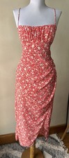 Zara Red White Floral Midi Slip Dress Square Neck Smocked Open Back Small