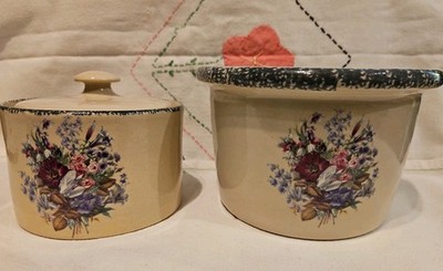 FLORAL Home and Garden Party Pottery Stoneware 2 CANISTERS 1 LID USA