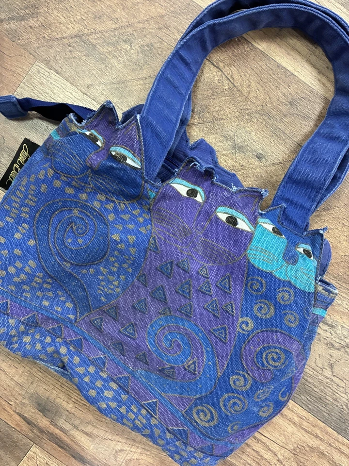 Vintage Laurel Burch Indigo Cats Blue Purse Tote Bag Whimsical Boho Hippie Y2K - Image 2 of 4