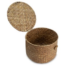 Image of Seagrass Handmade Basket with Lid, Small Round Basket for Storage, Decorative...