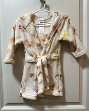 Baby Hooded Terry Cloth Bathrobe Robe w/ Tie Belt, White Pink Yellow Floral