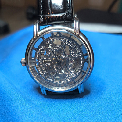 Wohler Skeleton Automatic 41mm Wristwatch Silver Tone Black Leather Band 50M