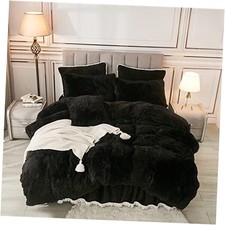 Plush Duvet Cover Fluffy Soft Faux Fur Velvet Comforter Cover, Queen Black