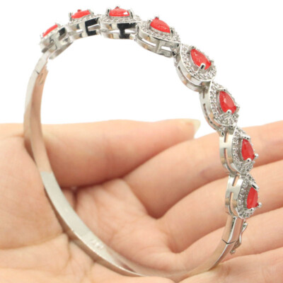 Buy 2 get 1 free20g Red Rubies CZ Women Gift Silver Bangle Bracelet 7.5''