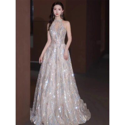 luxury beaded cocktail dress Luxury Beaded Halter Neck Evening Gown Split Cocktail Formal Long Dress