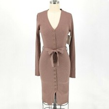 Women's Ribbed Knit Button Front Sweater Dress Brown XS Business casual preppy