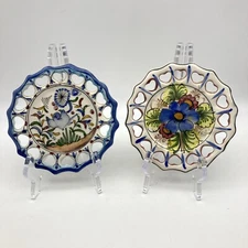 VTG Hand Painted Reticulated Mini Wall Plates Portugal Flowers Bird 5'' SET OF 2