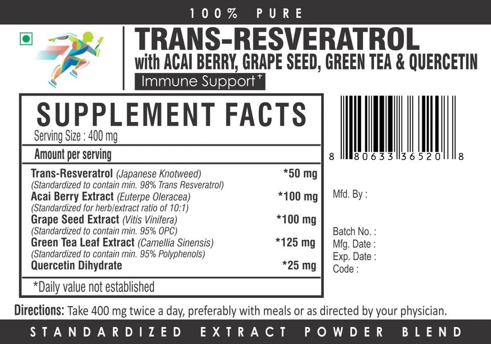 Resveratrol 97% Polvo Antioxidante Cardiovascular con Acai Té Verde Quercetina Foto 3 de 3