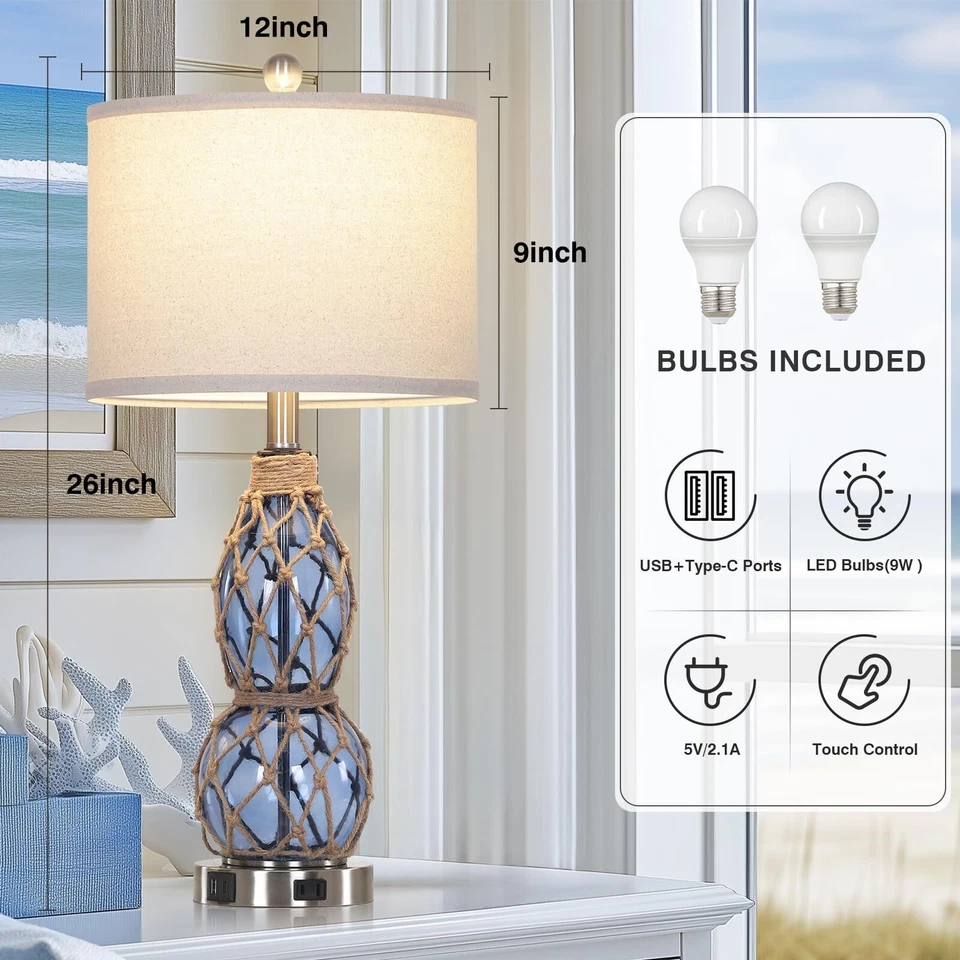 Juego de 2 lámparas de mesa de vidrio costero de 26" regulables de 3 vías con po... Foto 2 de 4