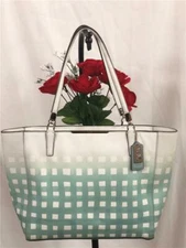 COACH Duck Egg Blue/ White Gingham Saffiano Leather East West Tote Bag #30118