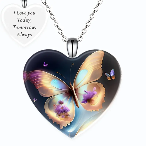 Butterfly Puffed Heart Pendant Necklace-New-