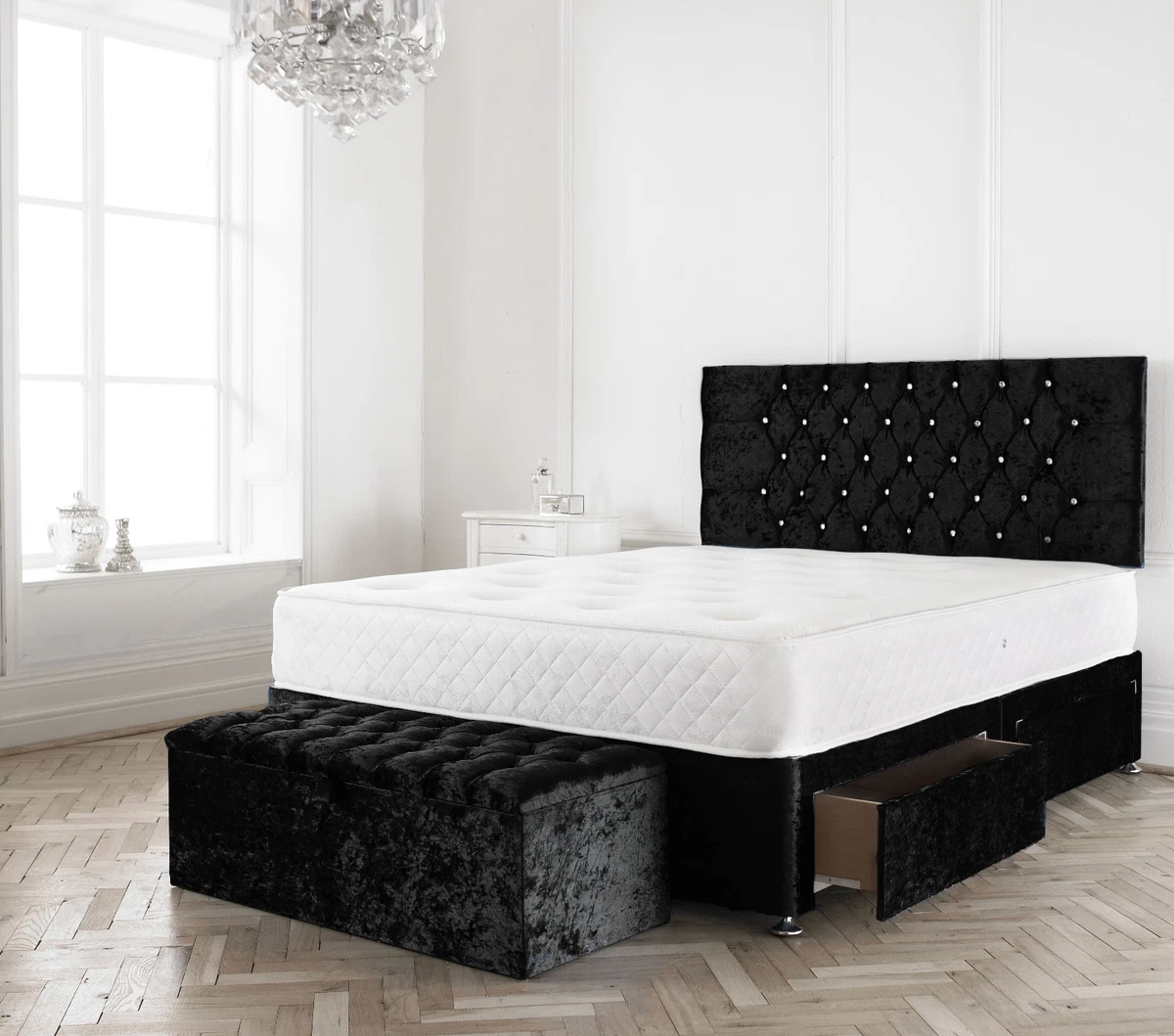 BLACK CRUSHED VELVET DIVAN BASE FLORENCE HEADBOARD MATTRESS BUTTON STORAGE