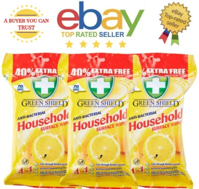 3 x GREEN SHIELD 70 LARGE HOUSEHOLD 99.9% ANTI BACTERIAL SURFACE LEMON WIPES