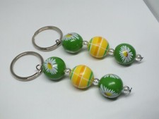 Hand Crafted Key Chain Set 2 Silver Tone Green Yellow White Beads 4" Long NICE