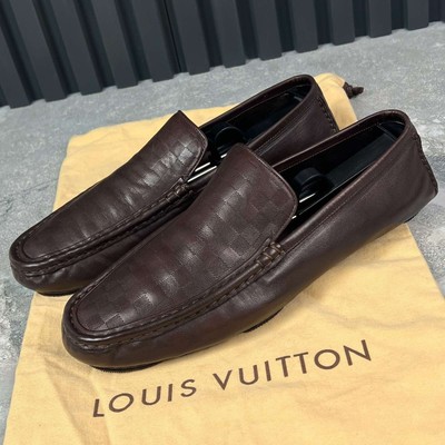 Louis Vuitton Slippers Moccasin Damier Brown Leather 7.5 LV or 8.5 
