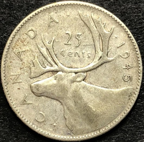 1945 CANADA 25 CENT QUARTER 80% SILVER COIN